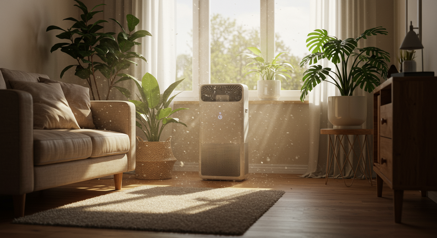 공기청정기가 작동 중인 편안한 실내 공간