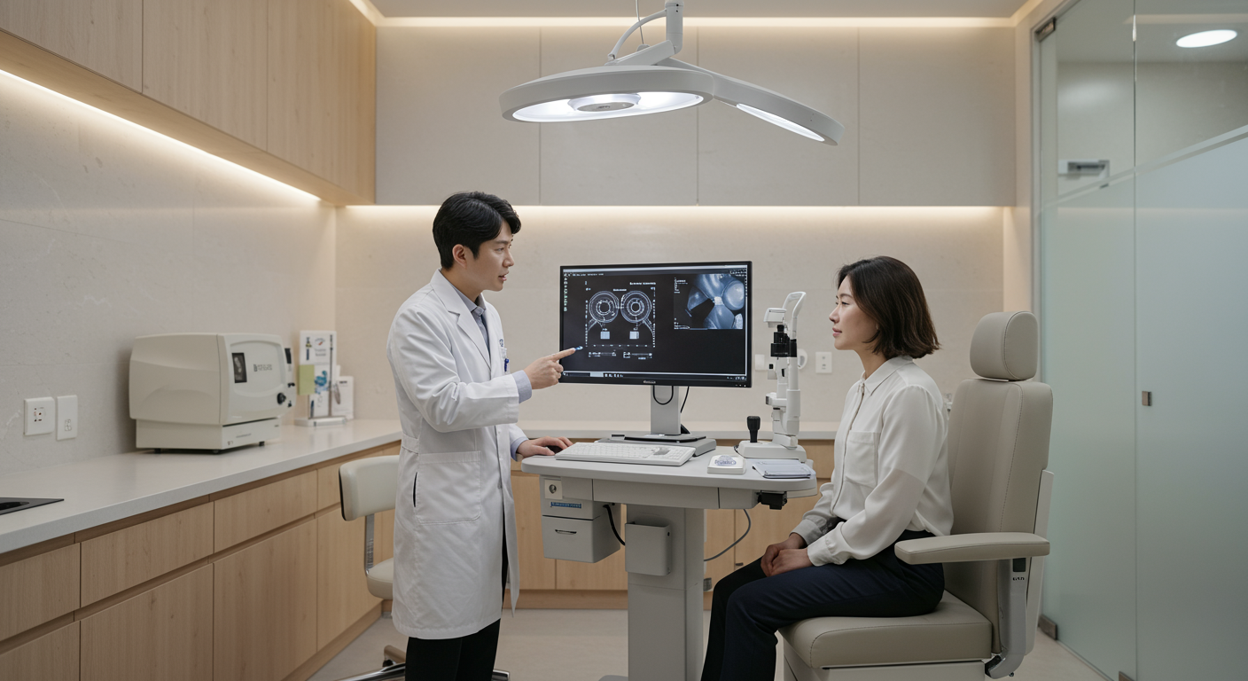 전문 안과 의사가 환자를 상담하는 현대식 병원 환경