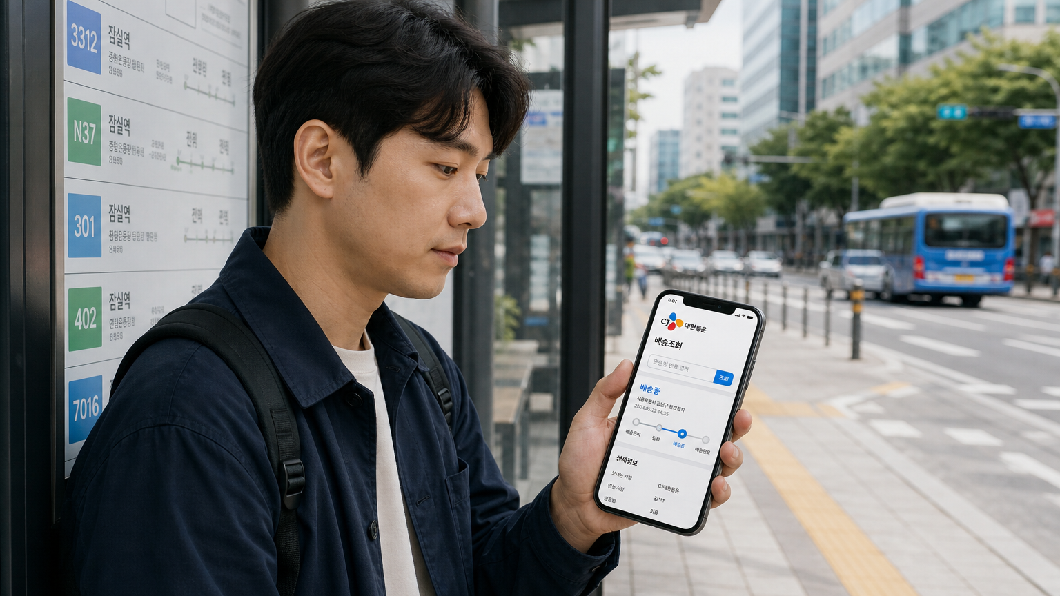 도심 버스정류장에서 스마트폰으로 CJ대한통운 앱을 사용하여 배송 추적 중인 남성
