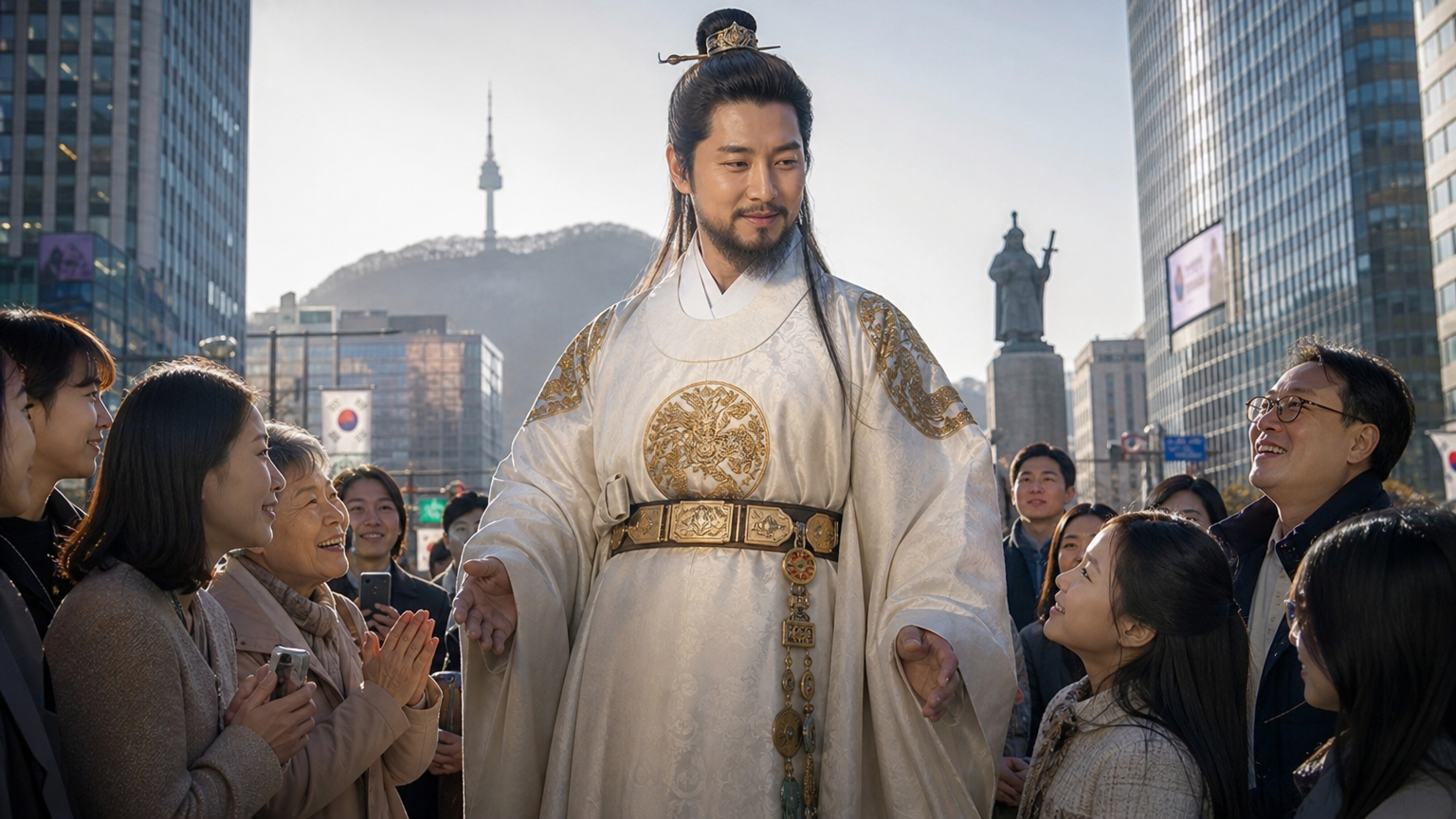 현대 도시 속에서 사람들과 함께 있는 친근한 수호신으로서의 한국형 도깨비 모습