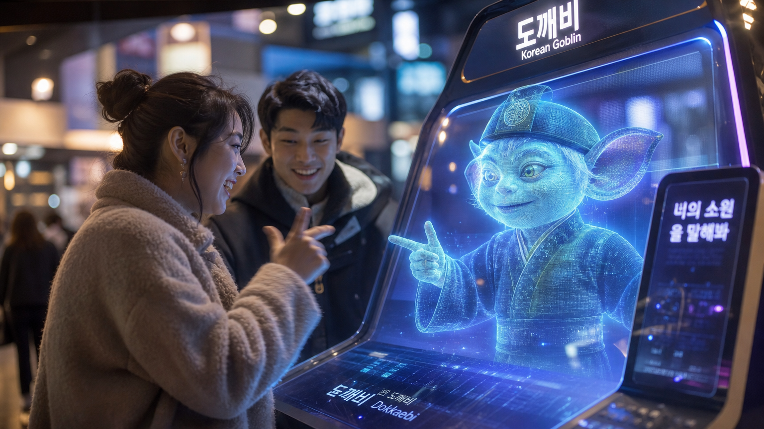 미래지향적 기기와 소통하는 홀로그램 형태의 디지털 한국형 도깨비