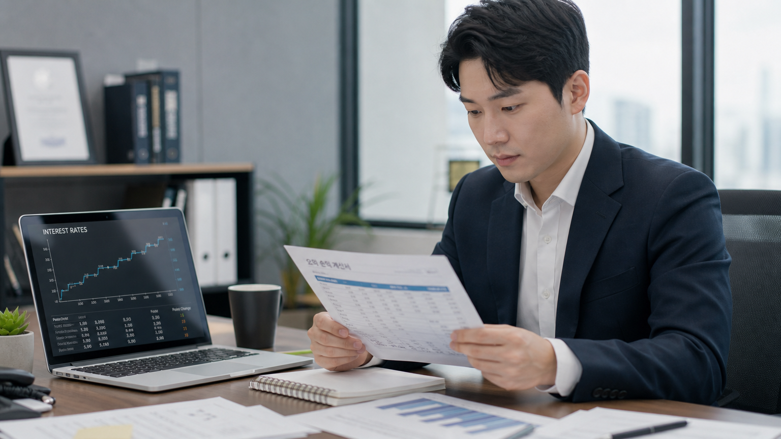 현대 한국 직장인이 책상에서 금융 문서를 검토하는 모습