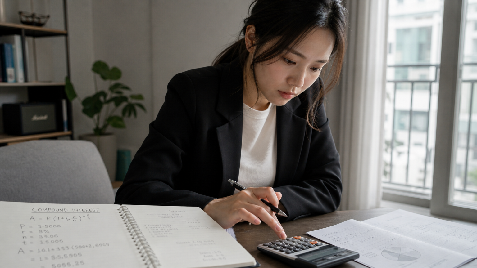 집에서 복리를 계산하며 노트북을 펼쳐놓고 있는 젊은 여성