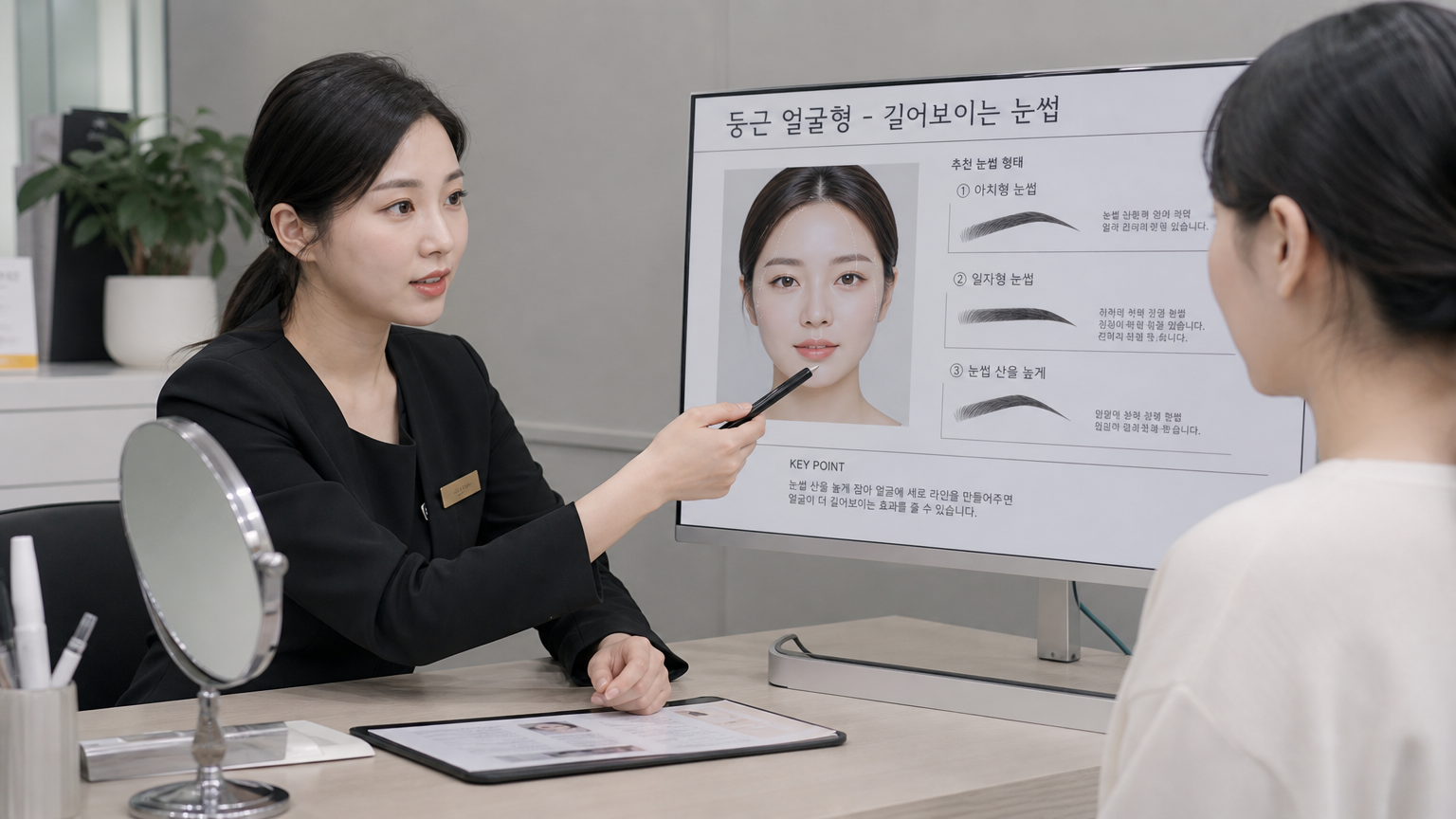 둥근 얼굴형에 적합한 길어 보이는 효과를 강조한 아이브로우 디자인 상담 장면