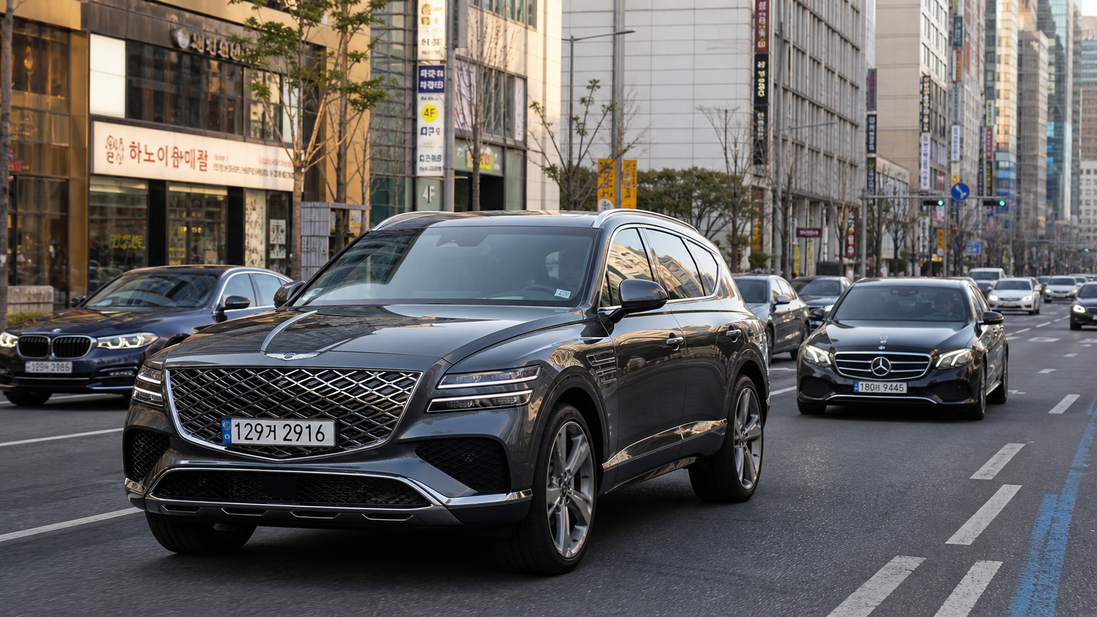 현대적인 건물 사이를 주행하는 제네시스 GV80과 주변에 위치한 벤츠 및 BMW 차량들