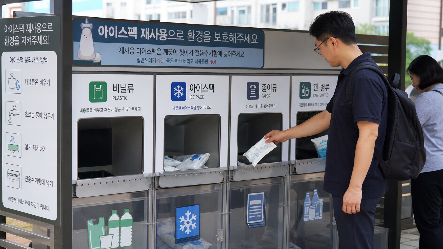 한국 지역 사회 내에 설치된 공공 재활용 스테이션에서 주민들이 적극적으로 참여하여 아이스팩을 버리는 모습