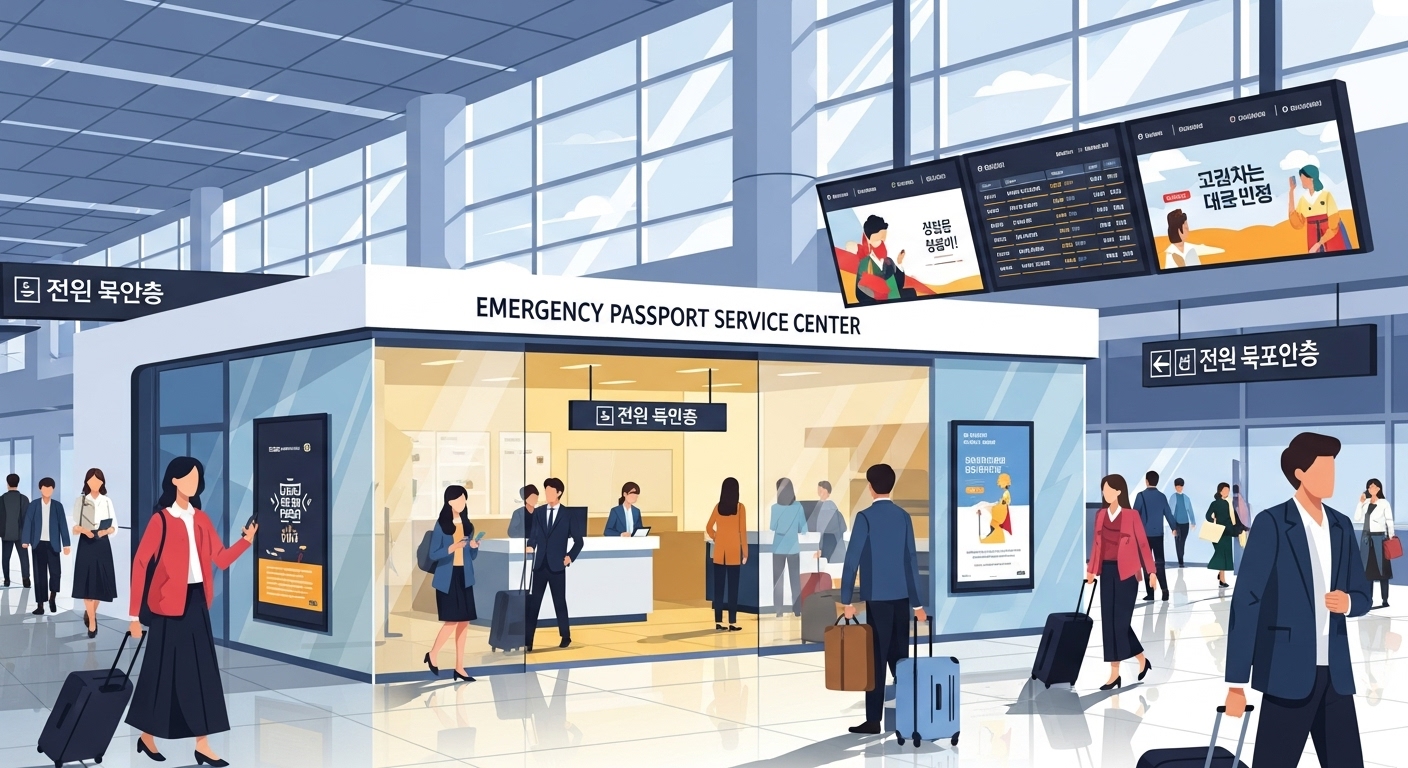현대적인 공항에서 여행객들이 북적이는 가운데 새로 오픈한 긴급 여권 서비스 센터