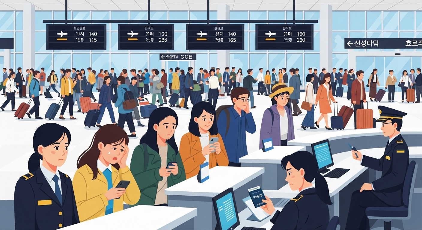 많은 여행객과 비행 정보 스크린이 있는 혼잡한 한국 공항 풍경
