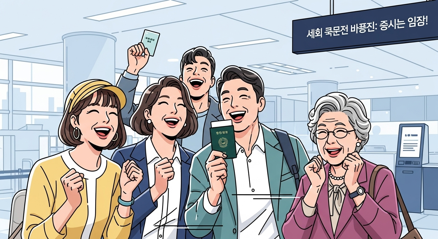 새로운 여권 서비스 덕분에 시간 절약에 기뻐하는 다양한 연령대의 한국인 여행객들