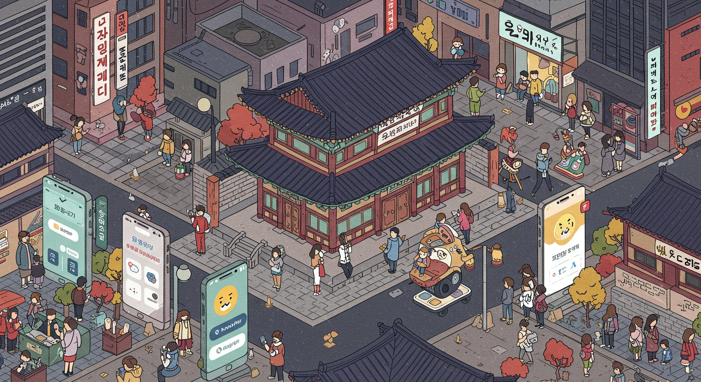 한국 도시 풍경에서 사람들이 모바일 앱으로 결제하는 모습