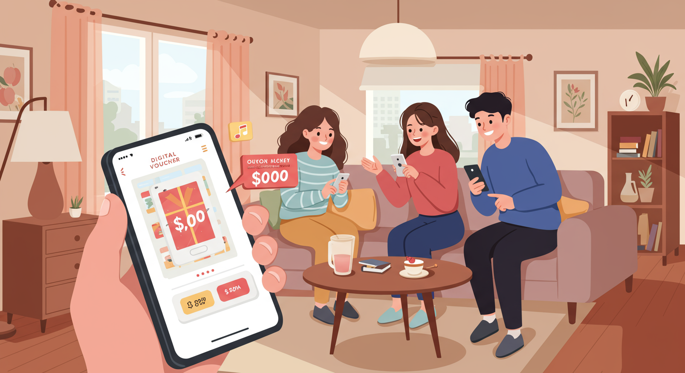 거실에서 스마트폰으로 디지털 상품권을 교환하는 한국 친구들