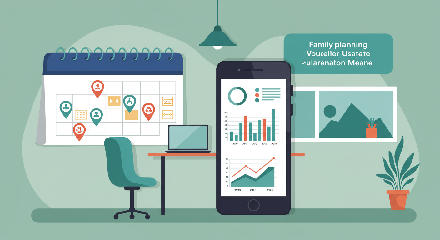 가정 사무실에서 달력과 스마트폰 앱을 통해 장기 계획 세우는 가족