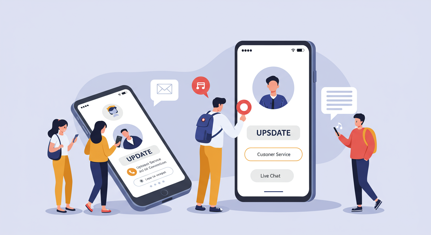 스마트폰에서 앱을 업데이트하며 고객센터 연락처를 확인하는 젊은 사용자들