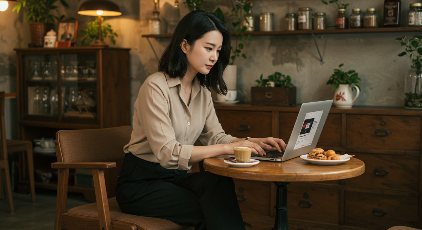 카페에서 노트북으로 유튜브 오디오 파일을 다운로드하는 한국 직장인