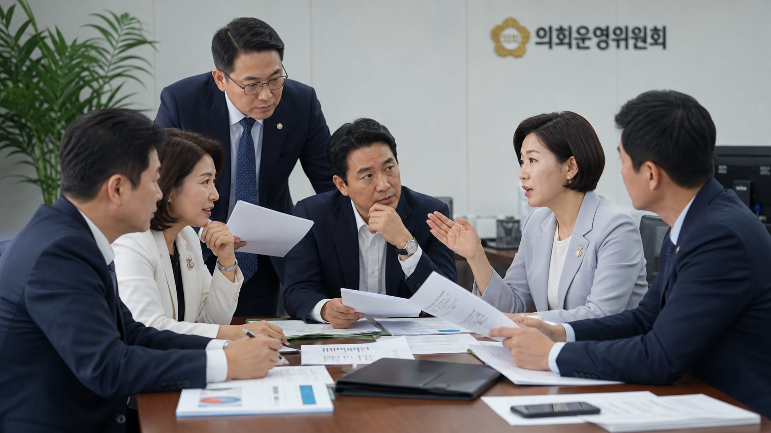 현대적 사무실에서 정책을 논의하는 새롭게 구성된 한국 지방 의회의 모습