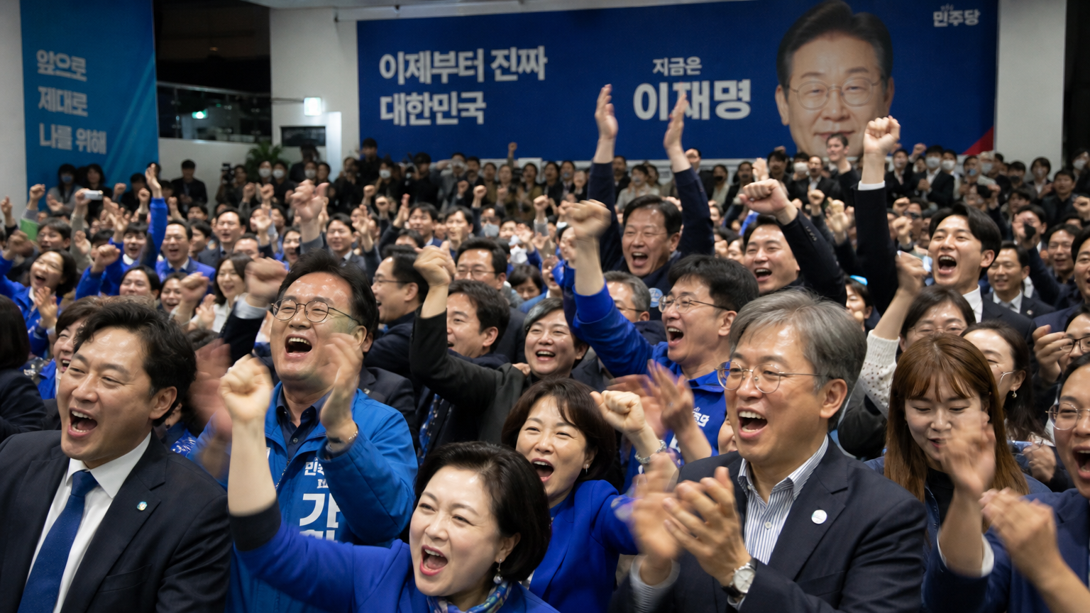 한국 민주당 본부에서 지지자들과 함께하는 선거 밤 축하 행사