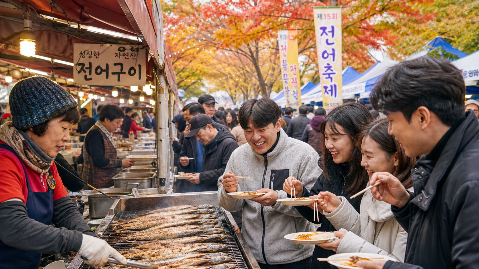 사람들이 가을 축제에서 전어를 즐기며 활기찬 분위기를 연출하는 장면
