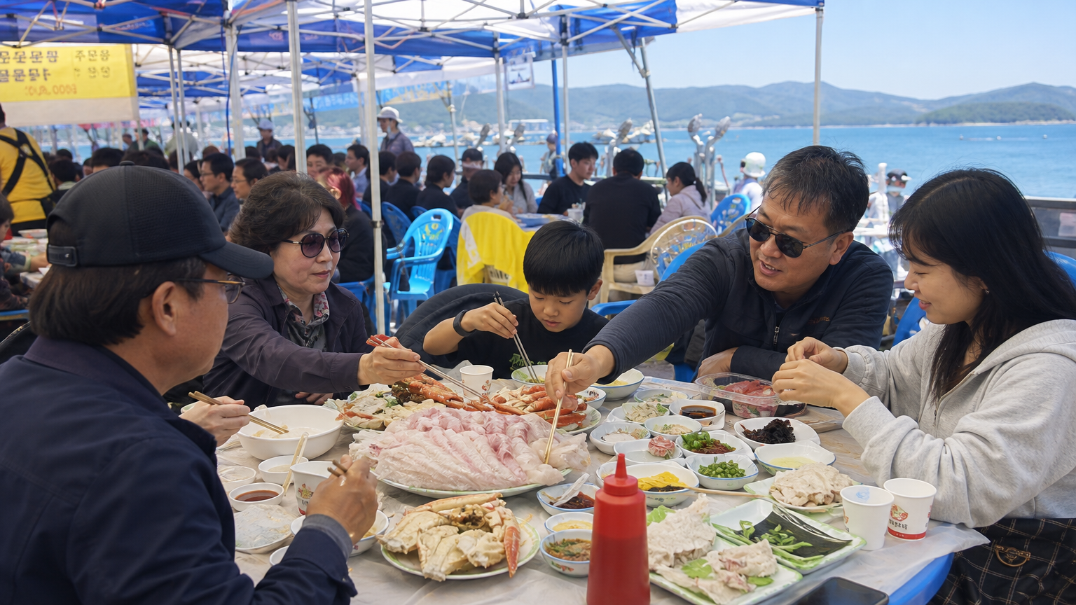 바다를 배경으로 텐트 아래서 신선한 전어회와 꽃게 요리를 즐기는 사람들