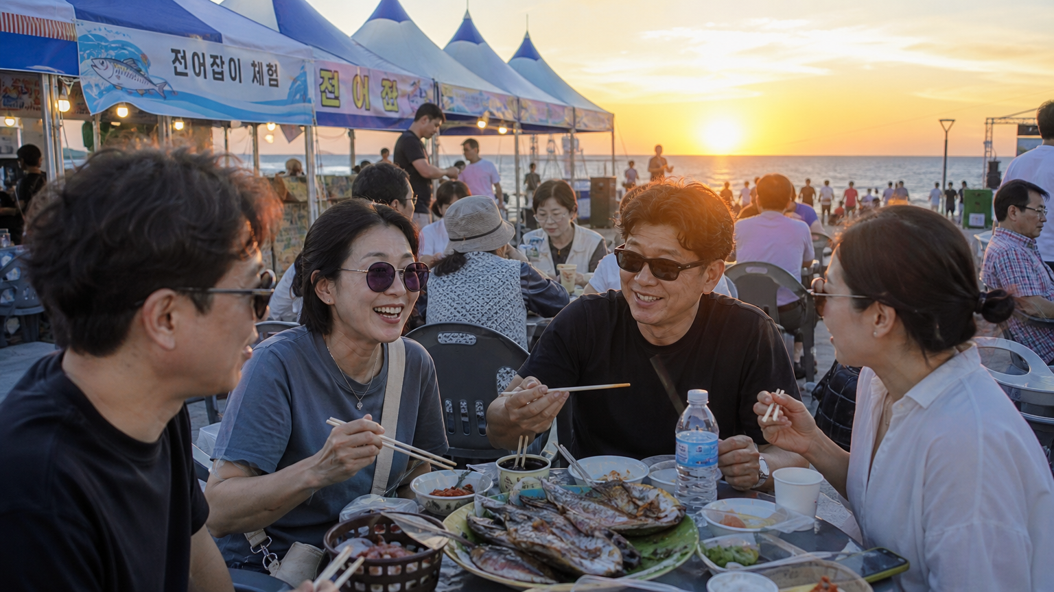 해질녘 바다 근처 야외 축제장에서 여름 햇전어 요리를 즐기는 어른들