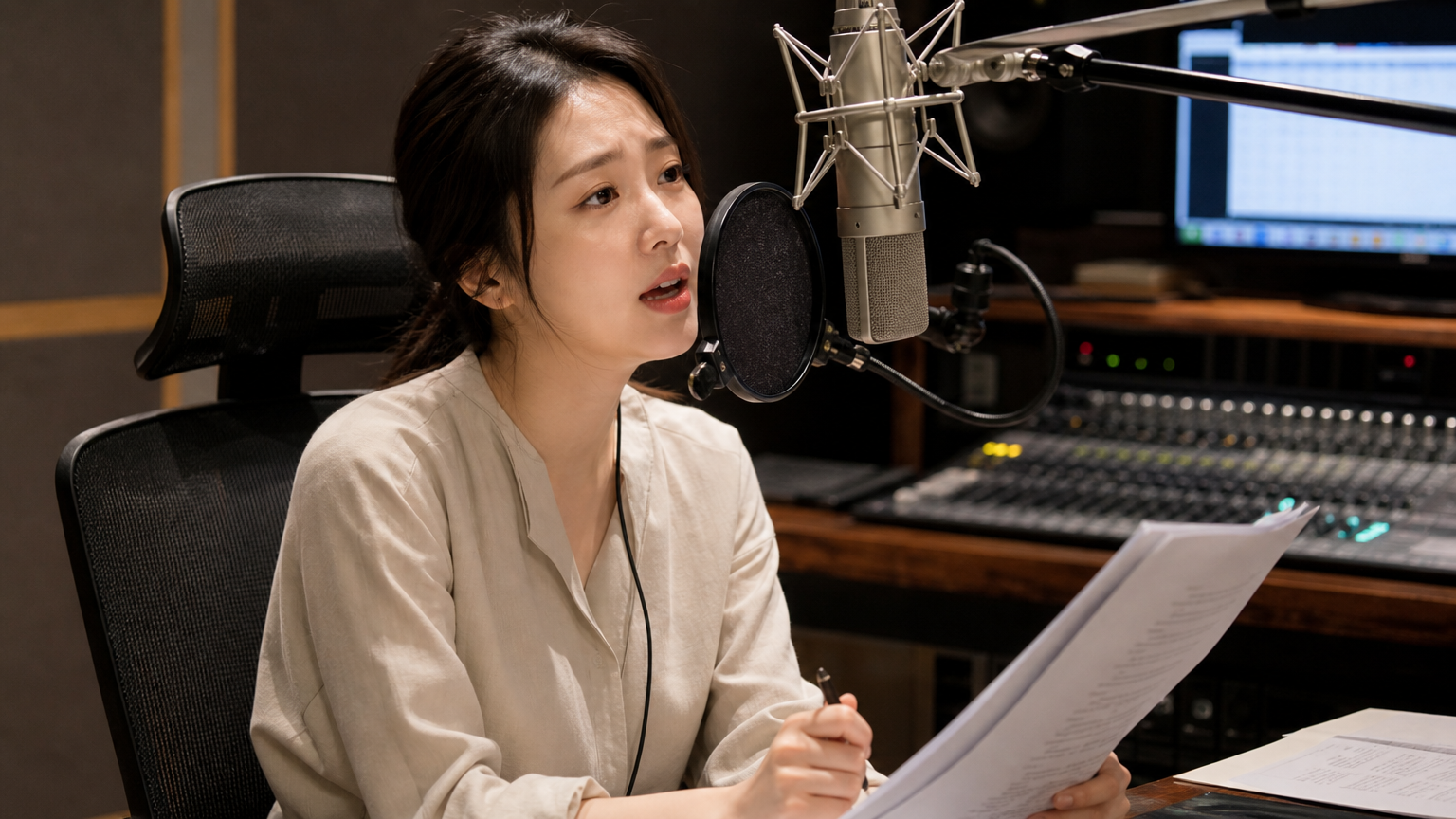 녹음실에서 마이크 앞에 있는 여성의 열정적인 모습