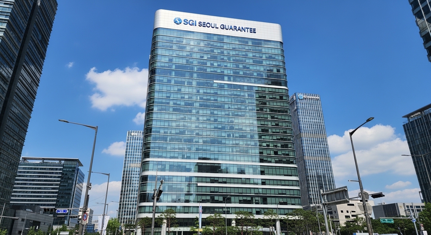 현대적인 한국 사무실 건물과 SGI 서울보증 로고가 있는 비즈니스 지구
