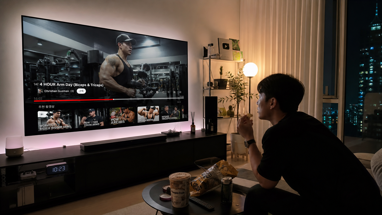현대적인 아파트에서 스마트 TV로 유튜브 영상을 집중적으로 시청하는 남성의 모습