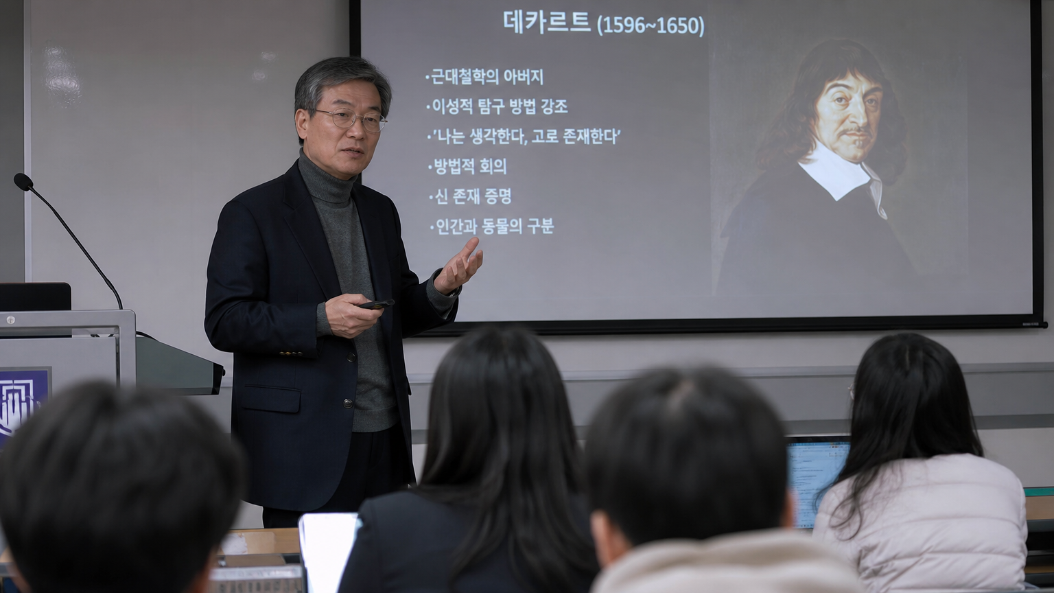 대학 강의실에서 철학적 깊이를 담은 강의를 진행하는 한국인 교수의 모습