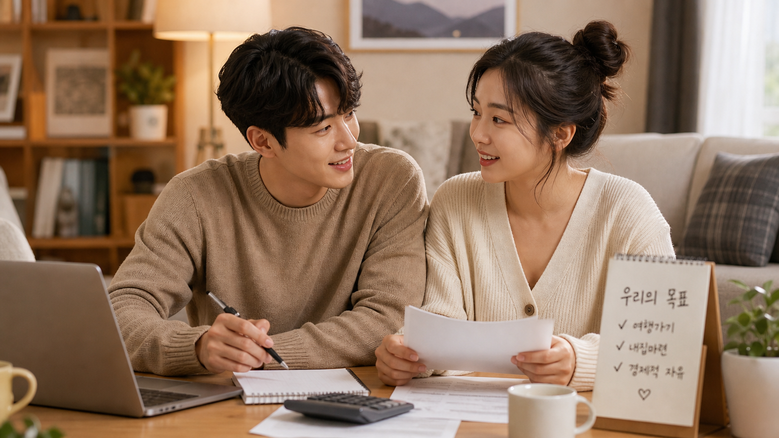 아늑한 거실에서 재정에 대해 솔직하게 이야기하는 두 사람의 편안한 대화