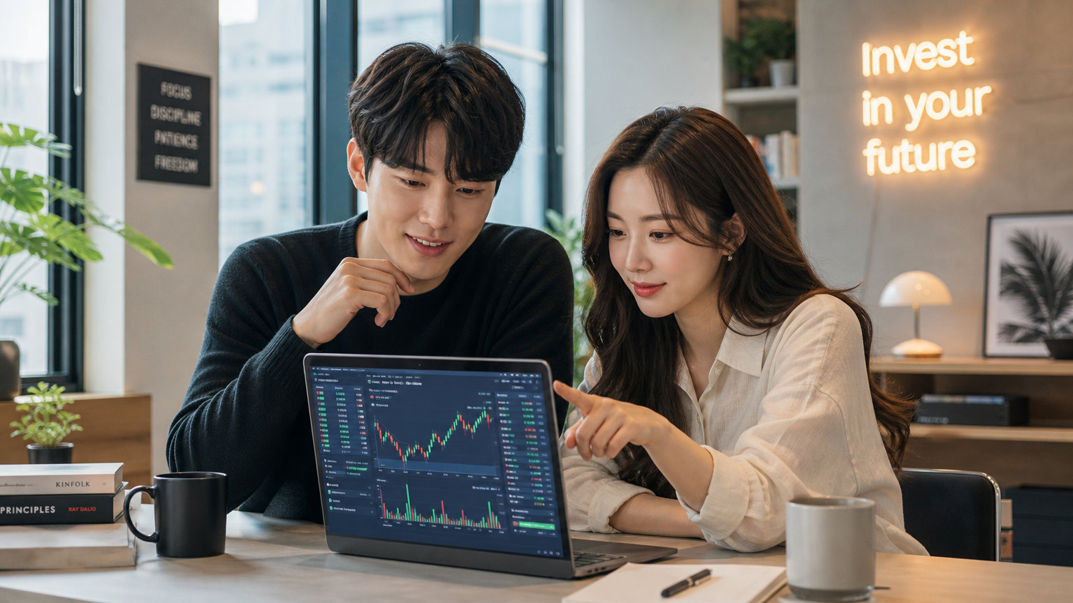 현대적 사무 공간에서 노트북으로 주식 시장 그래프를 분석하는 현대적인 한국 커플