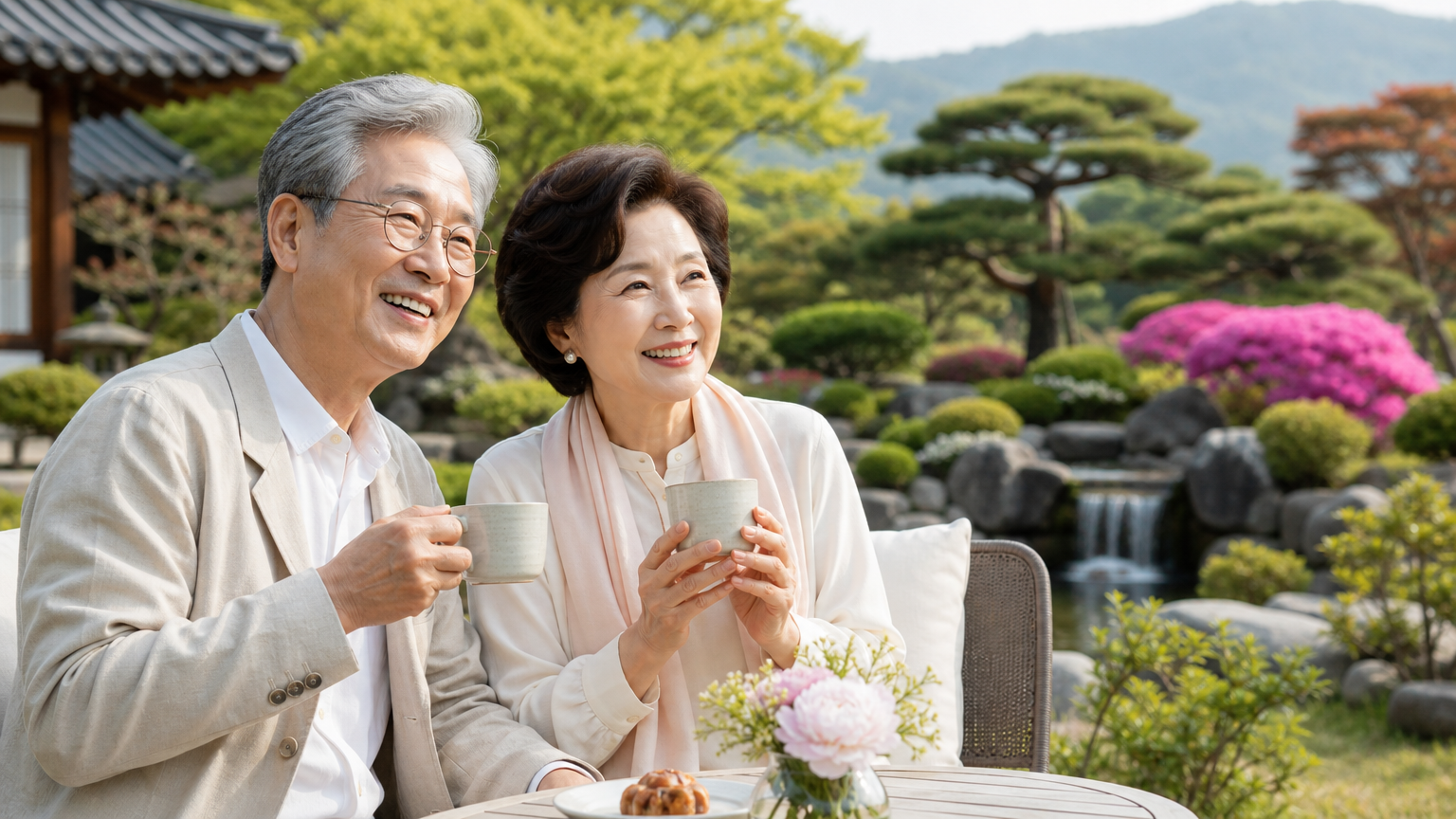 아름다운 정원에서 여유로운 시간을 보내는 연령대 있는 한국 커플의 평화로운 장면