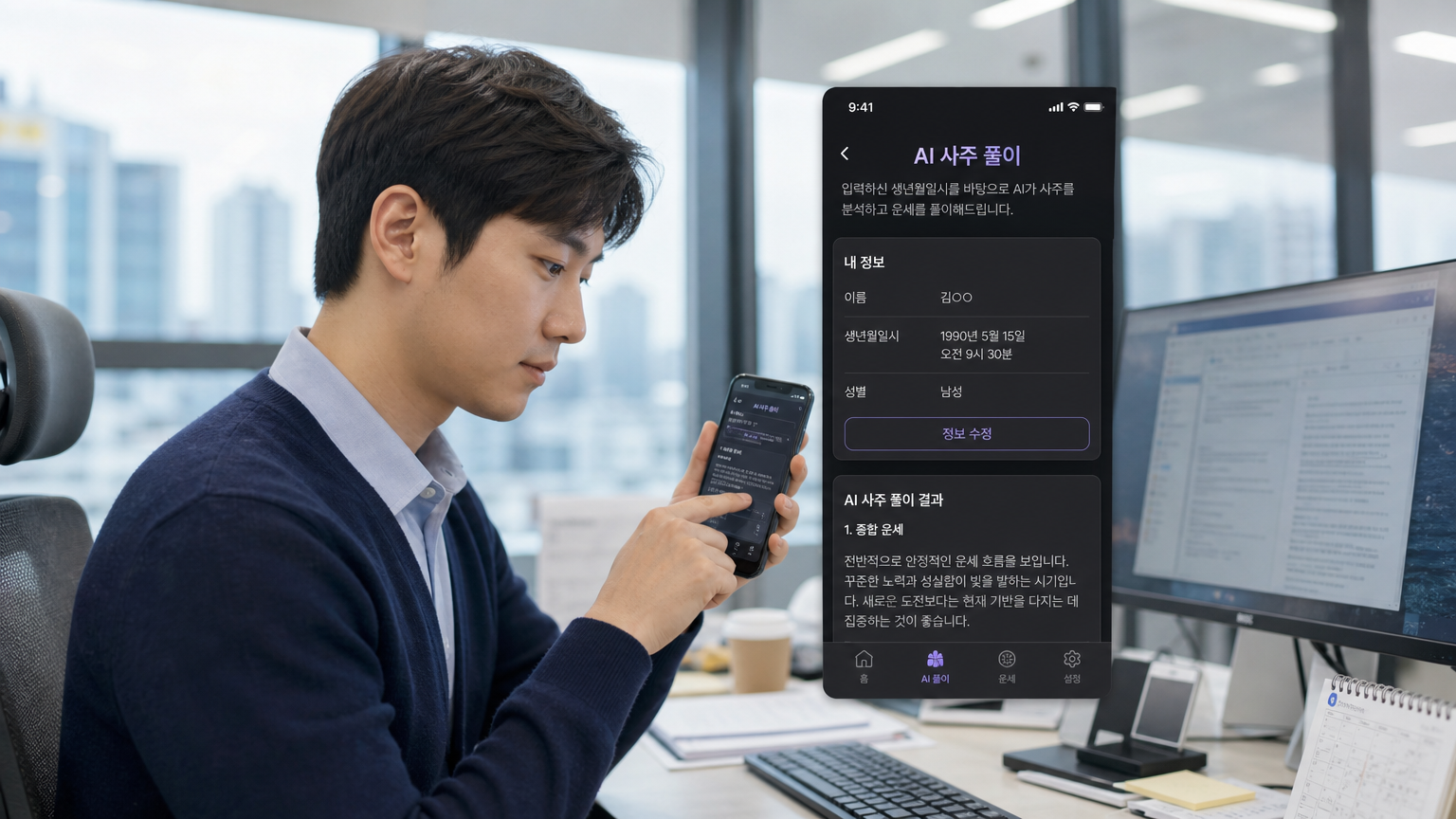 서울의 현대적 사무실에서 스마트폰으로 AI 운세 앱을 사용하는 직장인의 모습
