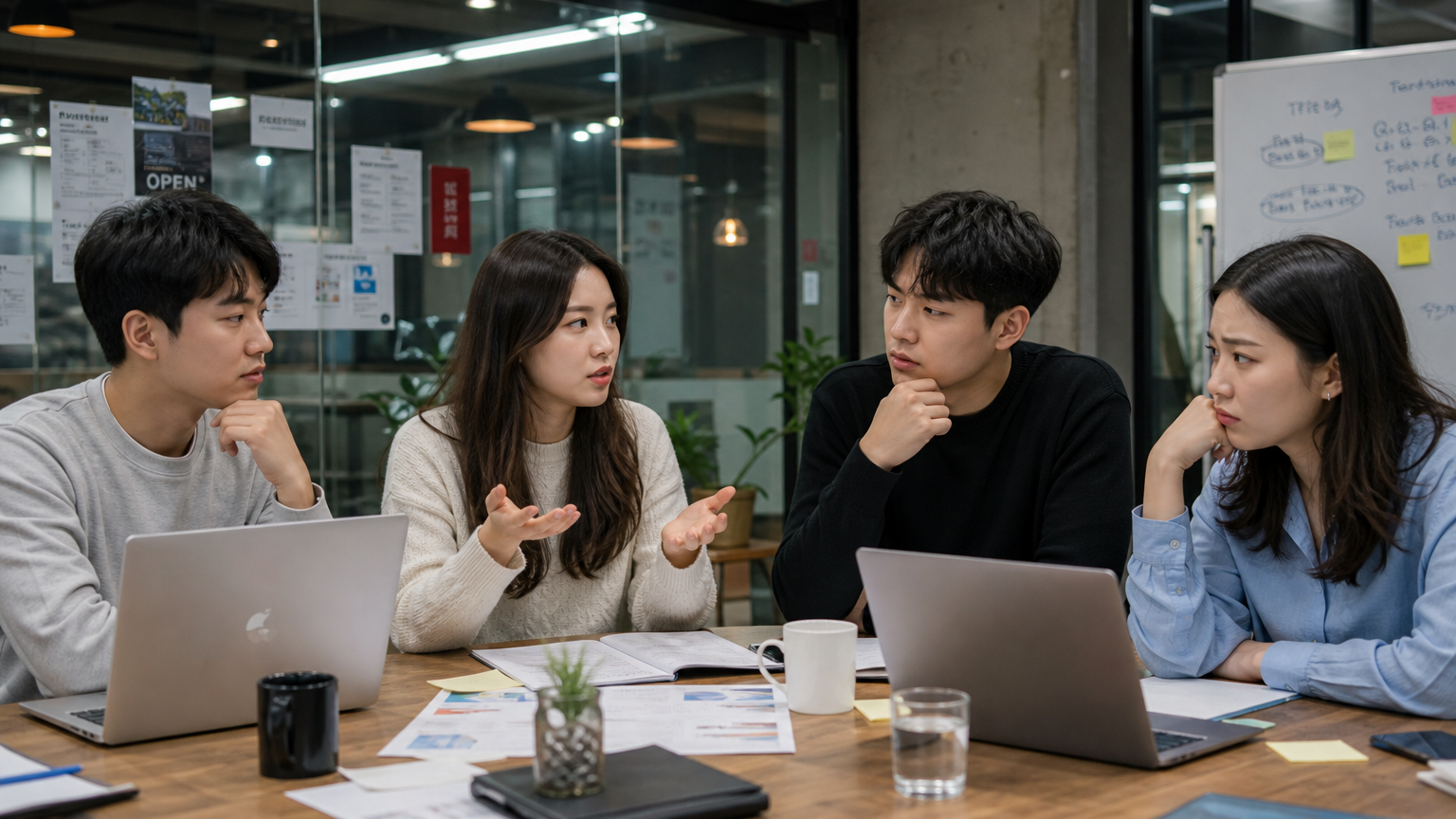 공동 작업 공간에서 AI 운세 서비스의 정확성과 개인정보 보호 문제를 토론하는 젊은이들