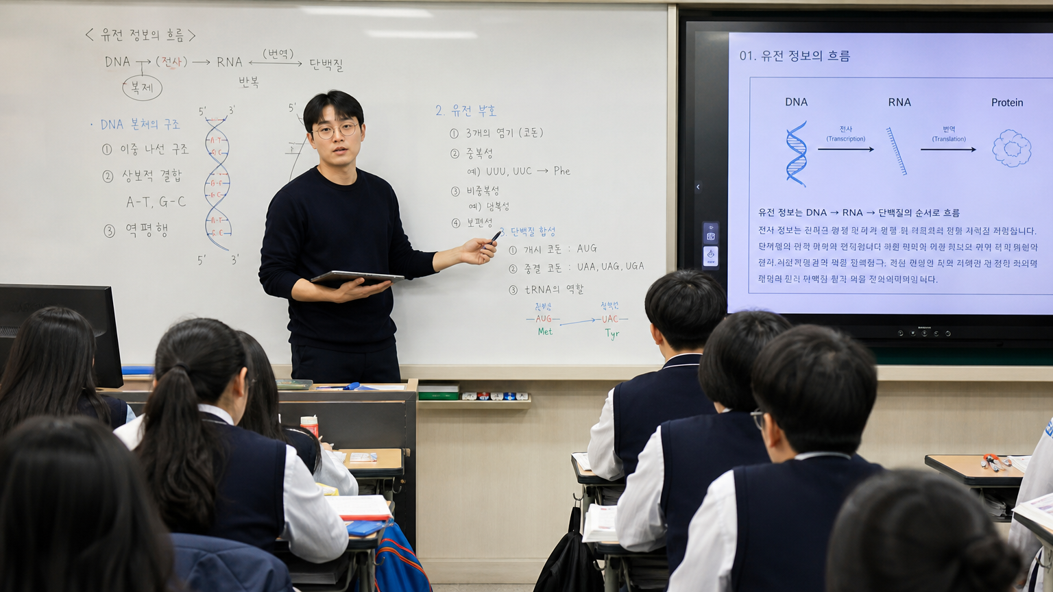 복잡한 유전 개념을 설명하는 자신감 있는 선생님의 모습