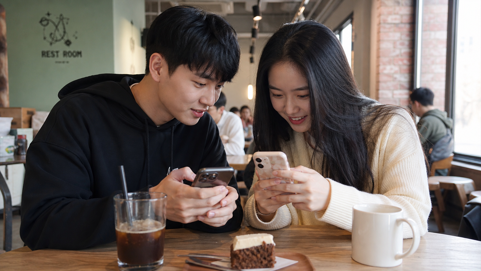 카페에서 스마트폰으로 소셜 미디어를 즐기는 젊은 성인들