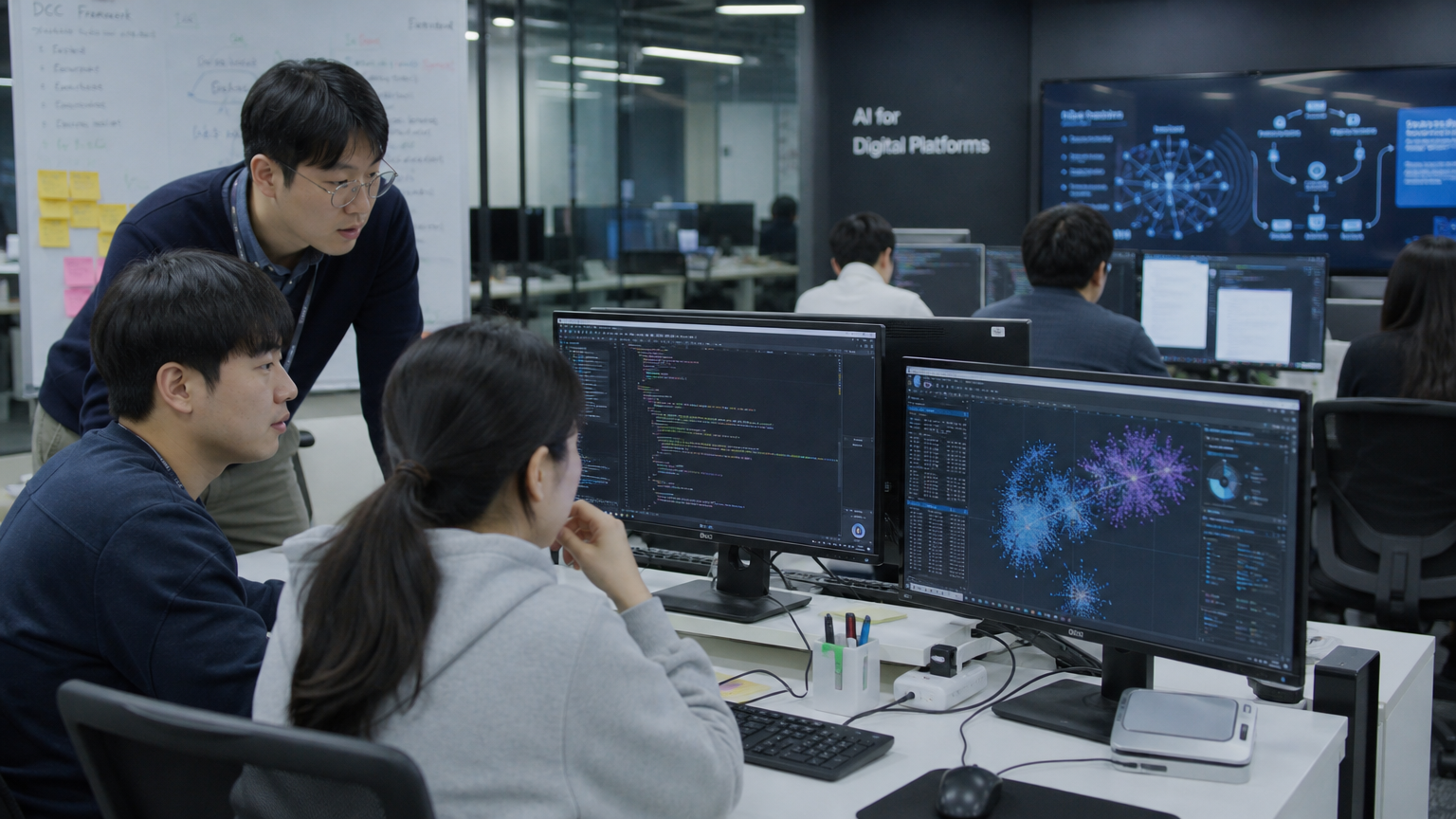 AI 솔루션 개발에 몰두하는 한국 엔지니어들의 첨단 기술 환경