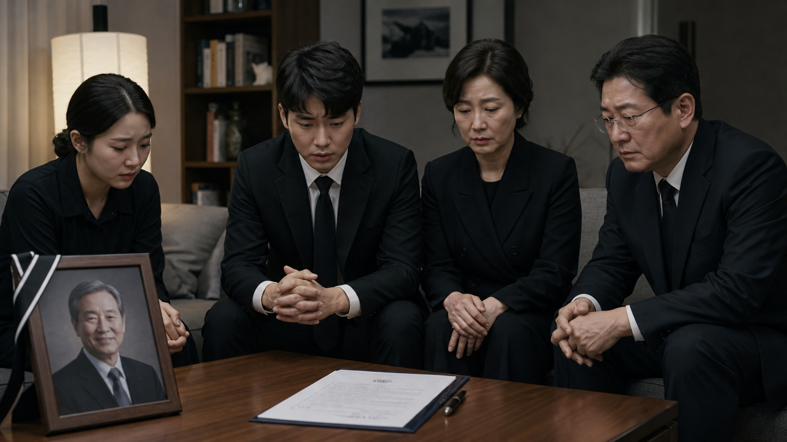 가족들이 집에서 고인의 사진과 법적 서류를 앞에 두고 애도하는 모습