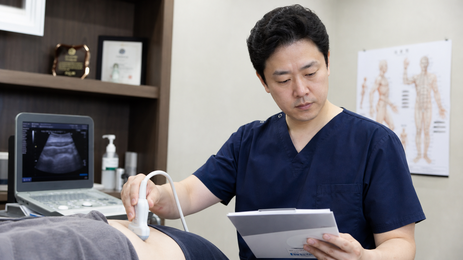 한의사가 초음파 기기를 사용하여 환자 기록을 검토하는 진료실 장면