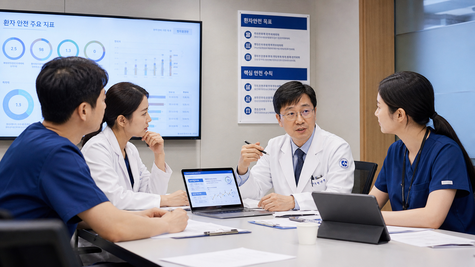 현대적인 진료실에서 디지털 도구를 활용해 환자 안전 프로토콜을 논의하는 의료진