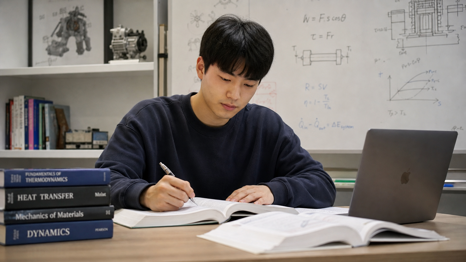 책상에서 공부하는 한국 남자 대학생의 학구적인 모습
