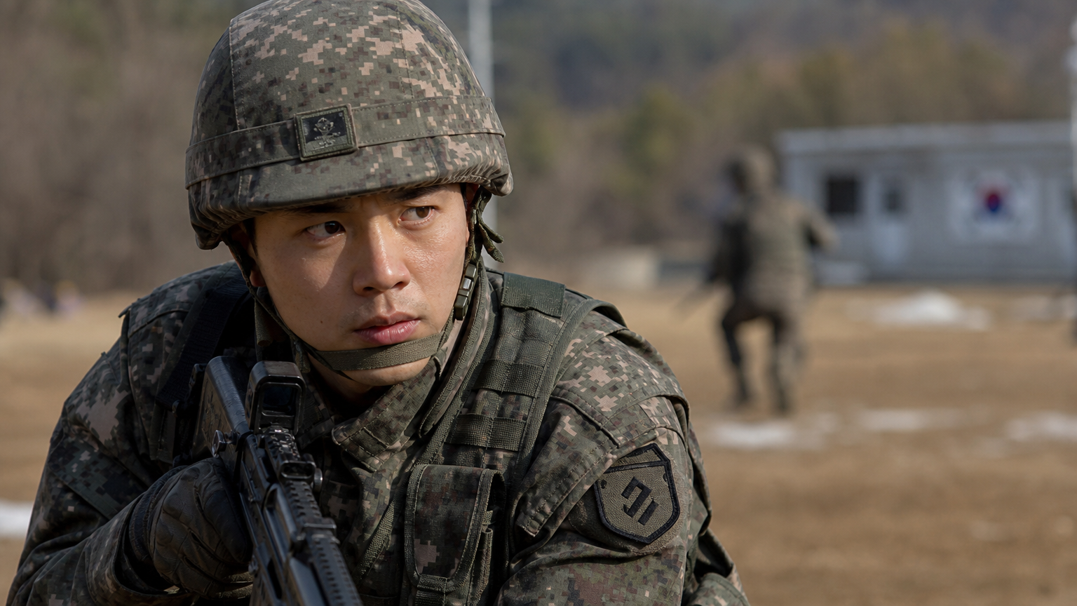 훈련 중인 한국 남성 군인의 집중하고 결단력 있는 모습