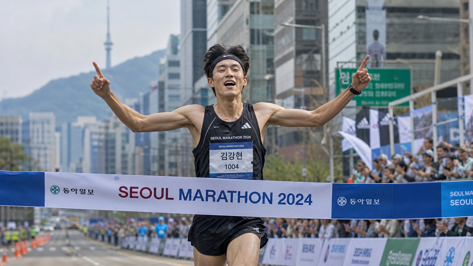 서울 경치를 배경으로 마라톤 완주하는 한국 남성 주자의 체력과 성취감