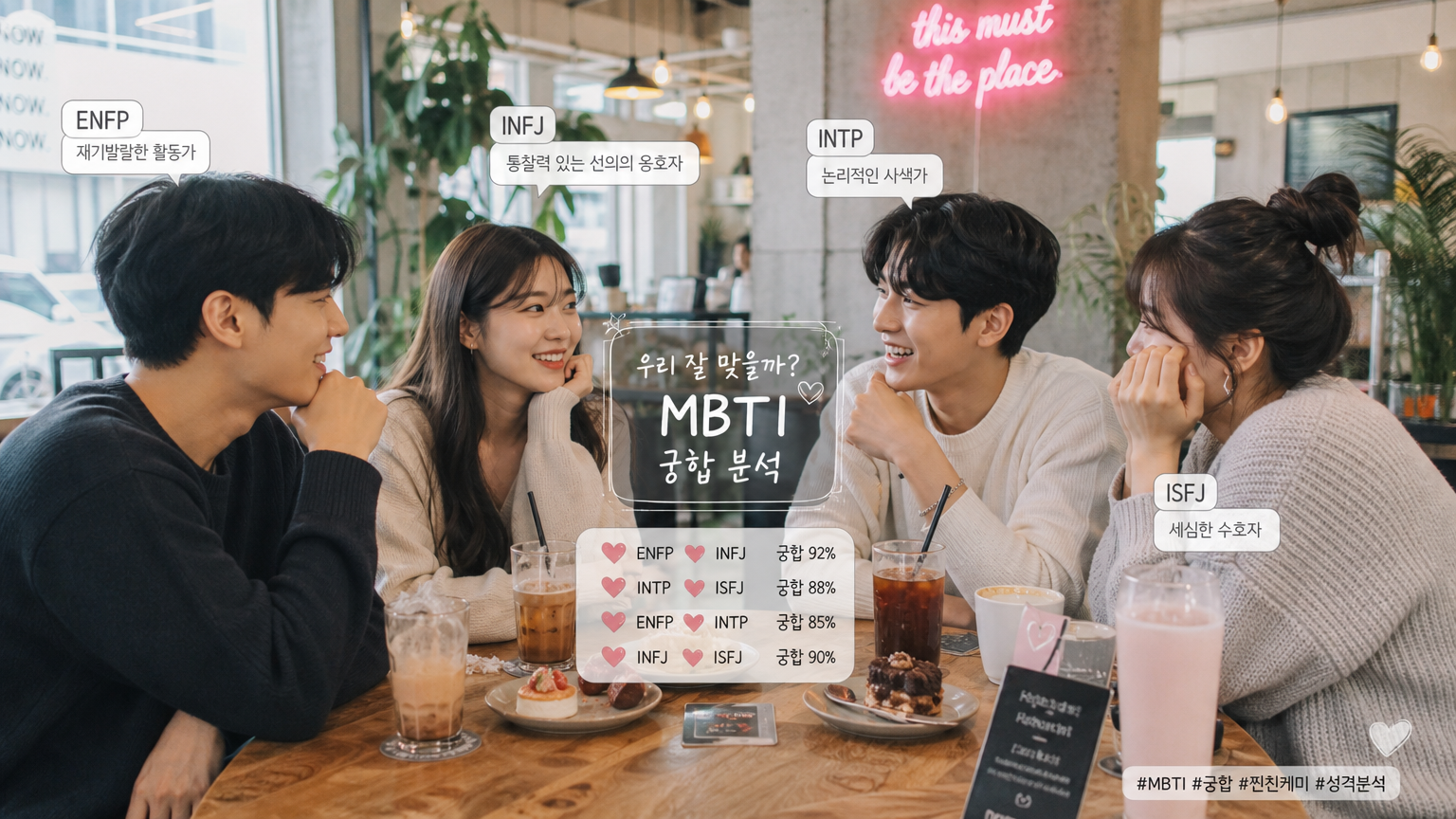 현대 한국 청년들이 트렌디한 카페에서 MBTI 궁합에 대해 이야기하는 모습