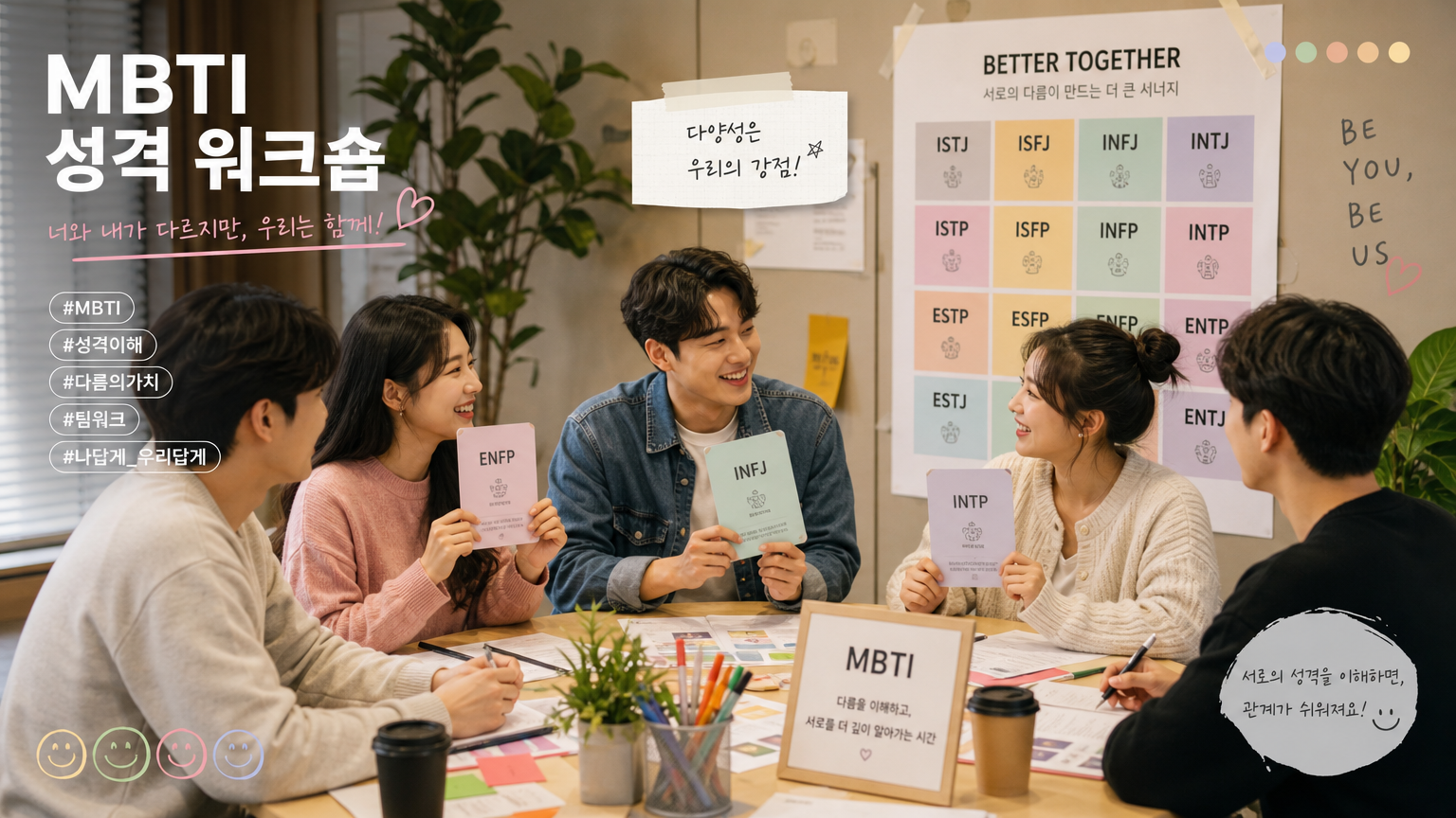다양한 한국 젊은이들이 참여하는 성격 워크숍에서 서로의 차이를 이해하는 모습
