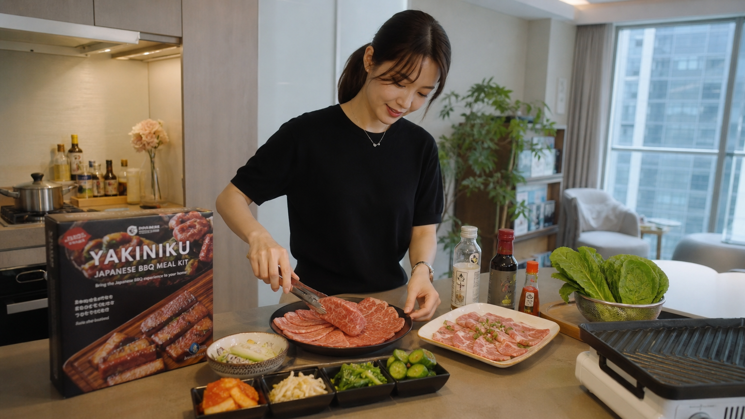 현대적인 아파트 주방에서 야키니쿠 밀키트를 준비하는 여성의 모습