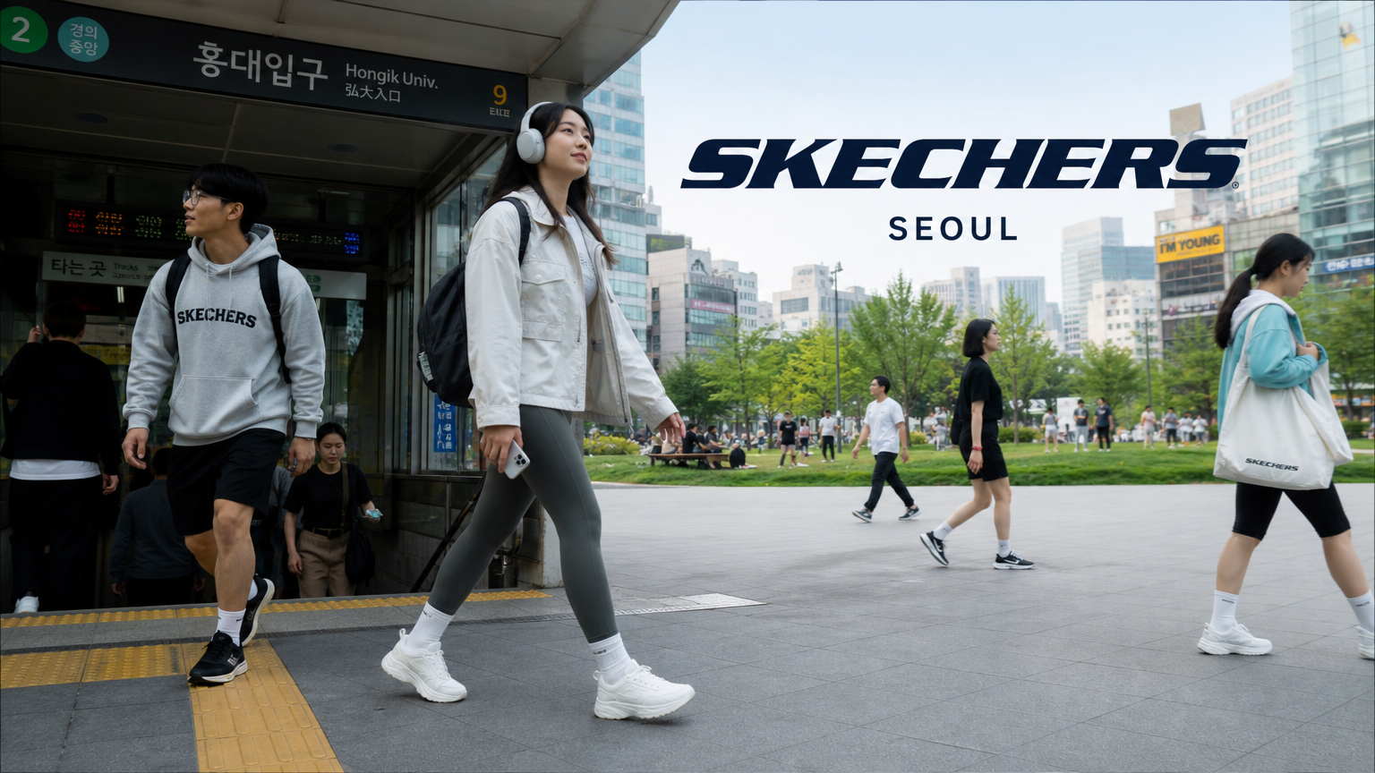 서울 도심에서 출퇴근길 지하철과 공원 등 일상 속 스케쳐스를 착용한 사람들