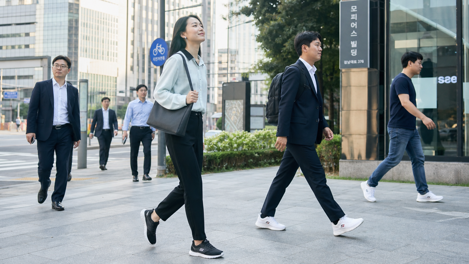 서울에서 출퇴근 및 여가 산책 시 편안하게 스케쳐스를 신고 있는 직장인들