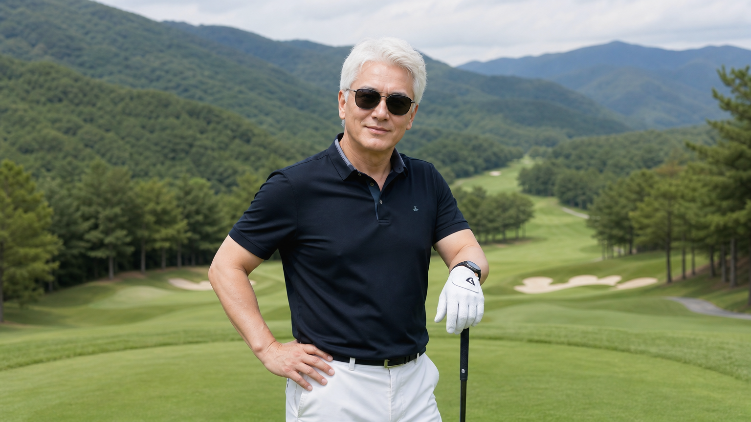 골프장에서 짧은 백발과 선글라스를 착용하고 자신감 있게 포즈를 취하는 현대 한국 남성