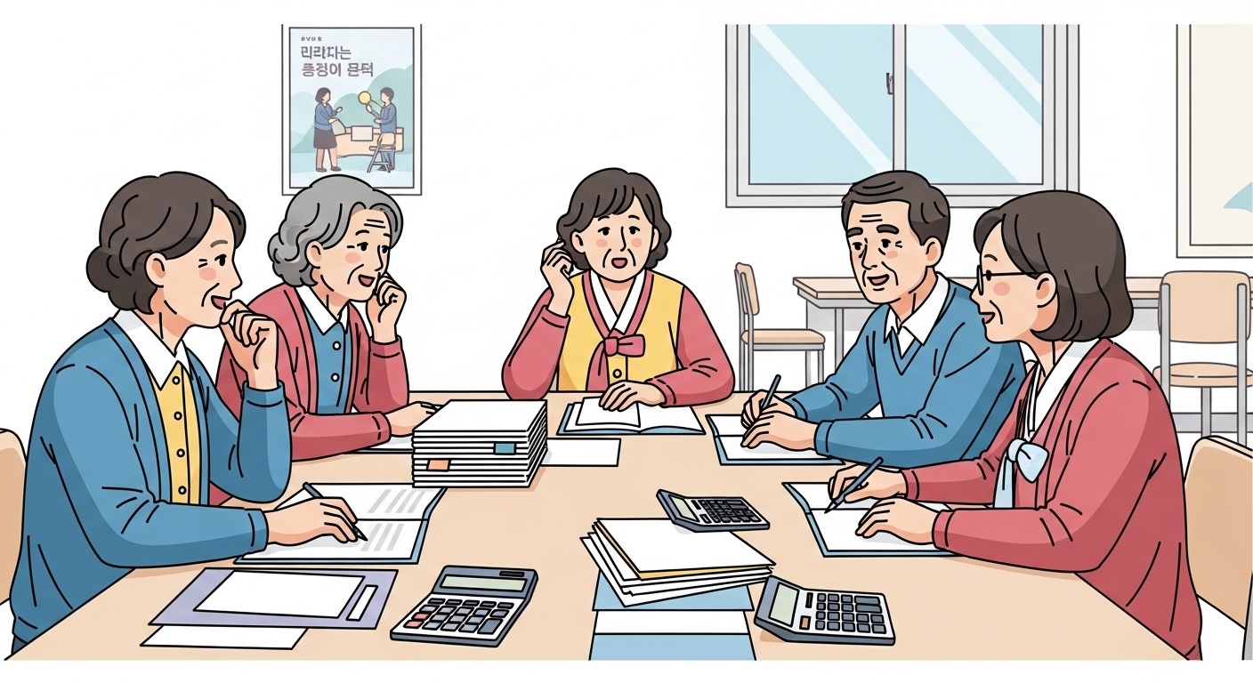 지역 커뮤니티 센터에서 연금 자격을 논의하는 노인들
