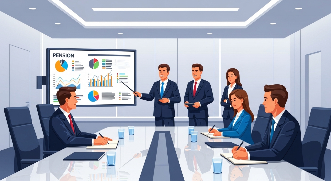 현대식 회의실에서 새로운 연금 정책 발표하는 정부 관계자들