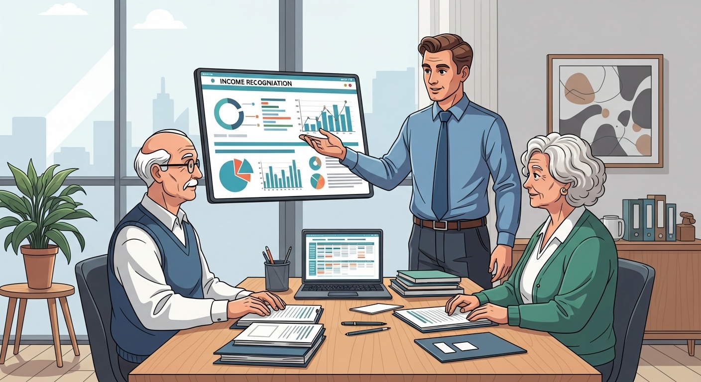 사무실에서 노인 고객에게 소득 인정에 대해 설명하는 재무 상담사